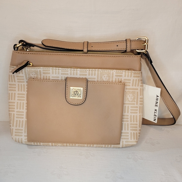 Anne Klein Bags Nwt Anne Klein Triple Pocket Logo Print Tancream Crossbody Bag Purse Poshmark